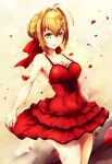  ahoge bare_shoulders blonde_hair bow breasts cleavage dress falling_petals fate_(series) green_eyes hair_bow hair_intakes highres large_breasts mayonaka_taruho nero_claudius_(fate) petals red_bow red_dress short_dress smile strap thighs 