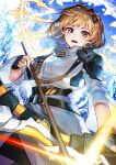  1girl absurdres alchemy_stars armor arrow_(projectile) bangs blonde_hair bow_(weapon) cika_k fingerless_gloves gloves highres holding holding_arrow holding_bow_(weapon) holding_weapon long_sleeves looking_at_viewer open_mouth pauldrons short_hair shoulder_armor solo vice_(alchemy_stars) weapon yellow_eyes 