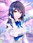  1girl azur_lane bangs beefusteku blue_bow blue_bowtie blue_hair blurry blurry_background bow bowtie breasts brown_eyes cherry_blossoms choukai_(azur_lane) dress hair_ornament hairclip hand_in_own_hair highres large_breasts long_hair long_sleeves looking_at_viewer open_mouth road smile solo spring_(season) standing teeth uniform upper_body upper_teeth white_dress 