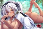  1girl absurdres ass beach breasts brown_eyes dark-skinned_female dark_skin eyewear_on_head feet flower glasses grey_hair hand_on_own_face hibiscus highres huge_breasts jewelry kantai_collection long_hair looking_at_viewer lying mashiro_yukiya musashi_(kancolle) musashi_kai_ni_(kancolle) naked_shirt nude on_stomach palm_leaf ring shirt smile solo twintails uniform very_long_hair wedding_band 
