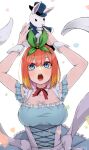  1girl :o alice_(alice_in_wonderland) alice_(alice_in_wonderland)_(cosplay) alice_in_wonderland arms_up bangs blue_dress blue_eyes breasts cleavage colored_tips cosplay dress frilled_dress frills go-toubun_no_hanayome green_ribbon hair_ribbon hands_up highres holding holding_toy irarei_(araisanblog) large_breasts multicolored_hair nakano_yotsuba neck_ribbon open_mouth orange_hair red_ribbon ribbon short_hair short_sleeves solo stuffed_animal stuffed_bunny stuffed_toy toy twitter_username wrist_cuffs 