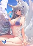  1girl animal_ear_fluff animal_ears azur_lane bangs bare_shoulders bikini blue_eyes blush breasts bug butterfly cleavage fox_ears fox_girl hair_ornament kitsune large_breasts long_hair looking_at_viewer multiple_tails off_shoulder schreibe_shura shinano_(azur_lane) solo swimsuit tail very_long_hair 