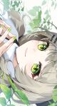  1girl bangs cika_k close-up closed_mouth green_eyes green_nails grey_hair hands_up highres leaf looking_at_viewer portrait sideways solo turtleneck viichan virtual_youtuber waktaverse 