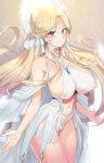  1girl areola_slip azur_lane bangs bare_arms bare_shoulders blonde_hair blue_eyes blush breasts brest_(azur_lane) commentary_request covered_nipples dress feathered_wings from_side highres large_breasts long_dress long_hair looking_at_viewer navel parted_bangs parted_lips pearl_thong pointy_ears revealing_clothes see-through see-through_skirt skirt smile solo supurai thighs very_long_hair wings 
