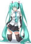  1girl absurdres aqua_eyes aqua_hair aqua_necktie bangs bare_shoulders black_footwear black_skirt black_sleeves black_thighhighs boots breasts commentary detached_sleeves frilled_skirt frills full_body hair_between_eyes hands_on_hips hatsune_miku hatsune_miku_(vocaloid4) headset highres kneeling long_hair long_sleeves looking_at_viewer medium_breasts miniskirt necktie parted_lips shoulder_tattoo simple_background skirt smile solo tanabe_(fueisei) tattoo thigh_boots thighhighs v4x very_long_hair vest vocaloid white_background white_vest zettai_ryouiki 