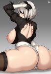  1girl absurdres artist_name ass back_cutout black_blindfold black_hairband black_thighhighs blindfold breasts breasts_out cameltoe clothing_cutout feather-trimmed_sleeves from_behind gloves grey_background hairband highres huge_ass jmg juliet_sleeves large_breasts long_sleeves nier_(series) nier_automata nipples puffy_sleeves short_hair signature sitting solo split spread_legs thick_thighs thighhighs thighs white_hair yorha_no._2_type_b 