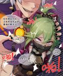  1boy 1girl arataki_itto arm_grab black_mask blush breasts clothed_sex cropped_jacket derivative_work fishnet_top fishnets genshin_impact green_hair hair_ornament head_out_of_frame hetero jacket kuki_shinobu mask motion_lines mouth_mask ninja_mask open_mouth ponytail purple_eyes purple_jacket rolling_eyes sex smile speech_bubble taikoleong tears text_focus translation_request vision_(genshin_impact) white_hair 