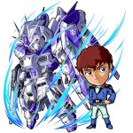  1boy amuro_ray beam_rifle blue_eyes blueoyster brown_eyes char&#039;s_counterattack char&#039;s_counterattack_-_beltorchika&#039;s_children chibi commentary curly_hair energy_gun fin_funnels full_body gun gundam hand_on_hip hi-nu_gundam holding holding_gun holding_weapon male_focus mecha military military_uniform mobile_suit robot sd_gundam shield short_hair uniform v-fin weapon white_background yellow_eyes 