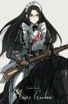  1girl absurdres apron asterisk_kome black_hair bolt_action character_name commentary_request english_text gloves gun highres horse horseback_riding lee-enfield long_hair maid maid_apron maid_headdress marie_gardner medal original revision riding rifle sheath sheathed sword weapon white_background 