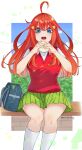  1girl ahoge bag bangs baozi blue_bag blue_eyes board breasts eating food framed go-toubun_no_hanayome green_skirt hair_between_eyes hair_ornament highres holding holding_food irarei_(araisanblog) large_breasts long_hair nakano_itsuki open_mouth outdoors pleated_skirt red_hair red_vest school_bag school_uniform short_sleeves sitting skirt socks star_(symbol) star_hair_ornament twitter_username very_long_hair vest white_socks 