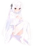  1girl beijuu black_ribbon blush breasts cleft_of_venus closed_mouth dress hair_between_eyes hair_ribbon kasugano_sora long_hair looking_at_viewer nipples no_shoes puffy_sleeves pussy ribbon simple_background sitting small_breasts smile solo thighhighs white_background white_dress white_hair white_thighhighs yosuga_no_sora 