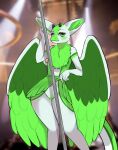  altitude_e. ambiguous_gender anthro battery_dragon_(altitude_designs) blurred_background clothed clothing dancing dragon feathered_dragon feathered_wings feathers flashing flashing_pussy fur furred_dragon hi_res item_dragon looking_at_viewer partially_clothed pole pole_dancing qlice solo wings 