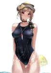  1girl absurdres alternate_costume arms_behind_back bangs bare_shoulders black_choker blue_swimsuit blush breasts choker closed_mouth collarbone competition_swimsuit covered_navel double_bun eyewear_on_headwear feet_out_of_frame girls&#039;_frontline hair_bun highres light_brown_hair looking_at_viewer medium_breasts medium_hair one-piece_swimsuit p90_(girls&#039;_frontline) red_eyes rynn_(rynn_cube) solo standing sunglasses swimsuit wet wet_clothes wet_face wet_swimsuit whistle whistle_around_neck white_background yellow_headwear 