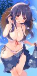  1girl ahoge ass_visible_through_thighs bikini black_bikini blue_sarong blush breasts cleavage collarbone feet_out_of_frame front-tie_bikini front-tie_top hair_flaps hat highres kagerou_(shadowmage) kantai_collection large_breasts long_hair low_twintails navel official_alternate_costume open_mouth purple_hair red_eyes sarong side-tie_bikini smile solo sun_hat swimsuit taigei_(kancolle) twintails white_bikini 