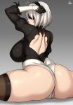  1girl absurdres artist_name ass back_cutout black_blindfold black_hairband black_thighhighs blindfold breasts cameltoe clothing_cutout covered_nipples feather-trimmed_sleeves from_behind gloves grey_background hairband highres huge_ass jmg juliet_sleeves large_breasts long_sleeves nier_(series) nier_automata puffy_sleeves short_hair signature sitting solo split spread_legs thick_thighs thighhighs thighs white_hair yorha_no._2_type_b 