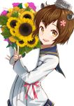  1girl asava_(hutaitenn) blue_sailor_collar bouquet brown_eyes brown_hair cherry_blossoms cowboy_shot dress flower grey_neckerchief hair_flower hair_ornament headgear highres kantai_collection looking_at_viewer neckerchief sailor_collar sailor_dress short_hair simple_background solo speaking_tube_headset sunflower white_background yukikaze_(kancolle) yukikaze_kai_ni_(kancolle) 