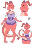  anthro breasts butt claws clothing crown dragon eline_(puppkittyfan1) female hi_res horn long_ears markings multicolored_body puppkittyfan1 purple_clothing red_body smile solo spade_tail tan_body two_tone_body two_tone_tail white_clothing wide_hips 