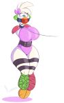  absurd_res accessory anthro avian ball_gag bdsm big_breasts bondage bound bow_ribbon breasts chica_(fnaf) clothing collar female five_nights_at_freddy&#039;s five_nights_at_freddy&#039;s:_security_breach gag glamrock_chica_(fnaf) hair_accessory hair_bow hair_ribbon hi_res hopping leash leg_warmers legwear leotard restraints ribbons rope rope_bondage scottgames solo tempson thick_thighs video_games wide_hips 