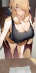 1girl absurdres bare_arms barefoot black_nails black_tank_top blonde_hair blush breasts cleavage cynthia_(pokemon) dolphin_shorts doorway downblouse grey_eyes hair_ornament hair_over_one_eye highres large_breasts long_hair looking_at_viewer open_door opening_door orange_shorts outstretched_arm package parted_lips perspective pokemon pokemon_(game) pokemon_dppt pov pov_doorway shiny shiny_skin shirt shorts solo sweat tank_top wet yuuyuu_(yuuki1771) 