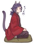  1boy absurdres animal_ears bangs black_hair blue_eyes cat_boy cat_ears cat_tail cushion demon_slayer_uniform from_side frown full_body haori highres jacket japanese_clothes kemonomimi_mode kimetsu_no_yaiba leg_wrap long_hair long_sleeves looking_at_viewer looking_to_the_side low_ponytail male_focus pants_tucked_in paw_print ponytail red_jacket seiza simple_background sitting solo tail tomioka_giyuu water777s3 white_background wide_sleeves zabuton 