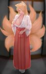  1girl animal_ear_fluff animal_ears bangs blonde_hair blurry blurry_background blush breasts cleavage collarbone depth_of_field fox_ears fox_girl fox_tail full_body hair_over_one_eye hakama hakama_skirt heavy_breathing japanese_clothes kimono kitsune kyuubi large_breasts large_tail long_bangs long_hair long_sleeves miko multiple_tails nipple_slip nipples original paid_reward_available red_eyes red_hakama skirt solo standing sweat tail togutogu undressing white_kimono wide_sleeves 