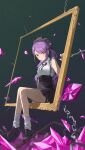  bangs black_headwear brown_footwear chain crystal green_eyes hat high-waist_skirt highres hololive long_hair looking_at_viewer picture_frame purple_hair shirt sitting skirt sleeveless sleeveless_shirt socks tai_saka tokoyami_towa white_shirt white_socks 