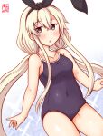  1girl alternate_costume alternate_hairstyle artist_logo black_hairband blonde_hair blue_swimsuit commentary_request competition_school_swimsuit covered_navel cowboy_shot dated gradient gradient_background grey_eyes hairband kanon_(kurogane_knights) kantai_collection long_hair looking_at_viewer low_twintails one-hour_drawing_challenge school_swimsuit shimakaze_(kancolle) solo sparkle swimsuit twintails white_background 