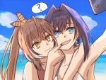  2girls ? ahoge bangs beach blue_eyes blue_hair bow bow_earrings brmameng brown_eyes brown_hair chromatic_aberration cloud cloudy_sky earrings fangs feather_hair_ornament feathers hair_intakes hair_ornament hairclip hololive hololive_english jewelry long_hair mouth_pull multicolored_hair multiple_girls nanashi_mumei ocean ouro_kronii ponytail selfie short_hair sky streaked_hair swimsuit very_long_hair virtual_youtuber yuri 