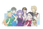  3boys 3girls absurdly_long_hair ahoge black_eyeshadow black_hair black_headwear black_shirt blonde_hair blue_background blue_eyes blue_hair blue_shirt border bow braid brown_eyes brown_hair collared_shirt dragon_arm dragon_girl eyeshadow eyewear_strap flower glasses green_bow green_headband green_shirt grey_hair hair_bow hair_flower hair_ornament hairclip hat head_wings headband heterochromia highres ike_eveland long_hair low_twintails luca_kaneshiro makeup medium_hair multicolored_eyes multicolored_hair multiple_boys multiple_girls nijisanji nijisanji_en paint_splatter paintbrush pants pointy_ears pomu_rainpuff purple_eyes purple_eyeshadow purple_hair purple_pants purple_wings qiu_0602 red_eyes red_shirt reimu_endou round_eyewear selen_tatsuki shirt short_hair short_sidetail short_sleeves shu_yamino simple_background sleeves_rolled_up t-shirt twin_braids twintails very_long_hair virtual_youtuber white_background white_flower white_shirt wings 