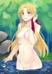 1girl :d absurdres bangs bare_shoulders black_nails blonde_hair blush breasts brown_eyes cleavage completely_nude earrings ereshkigal_(fate) fate/grand_order fate_(series) groin highres jewelry kuroeart long_hair navel nude outdoors smile solo wading 