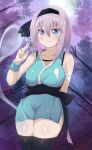  1girl absurdres alternate_costume blue_eyes blush branch breasts daru_(kumakumadon) dress green_dress grey_hair headband highres konpaku_youmu medium_breasts moon ninja purple_background sleeveless thighhighs thighs touhou tree 