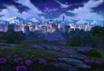  absurdres bridge building city city_lights cloud cloudy_sky fence field flower flower_field grass highres iron_fence kevin_gnutzmans league_of_legends mountain mountainous_horizon nature night night_sky no_humans outdoors road_sign rock scenery sign sky star_(sky) star_(symbol) star_guardian_(league_of_legends) starry_sky tree warning_sign 