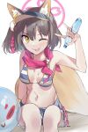  1girl :p \n/ animal_ear_fluff animal_ears arm_up armpits bikini bikini_under_clothes blue_archive blush breasts brown_eyes brown_hair cutoffs denim denim_shorts fox_ears fox_girl fox_tail halo highleg highleg_bikini highres hiroshi_sumi izuna_(blue_archive) looking_at_viewer navel one_eye_closed short_hair short_shorts shorts side_ponytail small_breasts smile solo striped striped_bikini swimsuit tail tongue tongue_out visor_cap 