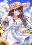  1girl :d bangs blue_eyes blue_sky bottle brown_hair cloud collarbone commentary_request dress flower hat highres holding holding_bottle long_hair looking_at_viewer open_mouth original outdoors puffy_short_sleeves puffy_sleeves short_sleeves sky smile solo straw_hat sunflower tsumugi_8345 water_drop white_dress 