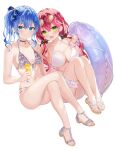  2girls :d ahoge bangs bare_legs bikini blue_eyes blue_hair blush breasts bridal_garter choker cleavage closed_mouth crossed_bangs crossed_legs cup drinking_straw eyewear_on_head frilled_bikini frills front-tie_bikini front-tie_top full_body green_eyes grey_bikini hair_between_eyes hair_ornament hair_ribbon hairclip halterneck highres holding holding_cup hololive hoshimachi_suisei invisible_chair large_breasts legs long_hair looking_at_viewer motsunuki multi-strapped_bikini multiple_girls navel open_mouth red_hair ribbon sakura_miko sandals side_ponytail simple_background sitting small_breasts smile string_bikini swimsuit twintails virtual_youtuber white_background x_hair_ornament 