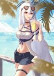  1girl absurdres aoi_tooru arknights bangs bare_shoulders black_choker blue_shorts blue_sky breasts choker cloud commentary_request cowboy_shot cup day drinking drinking_glass drinking_straw hair_between_eyes hand_up highres holding holding_cup large_breasts long_hair navel no_hat no_headwear ocean off-shoulder_shirt off_shoulder official_alternate_costume outdoors railing red_eyes shirt short_shorts shorts skadi_(arknights) skadi_(waverider)_(arknights) sky solo standing stomach sunglasses thigh_strap thighs very_long_hair water white_hair white_shirt 