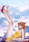  1girl artist_name bare_legs blue_eyes breasts cloud cloudy_sky dress easonx from_side full_body hair_ornament hairpods high_heels highres legs_up long_hair looking_at_viewer looking_to_the_side lying neon_genesis_evangelion on_back orange_hair outdoors parted_lips red_footwear shoe_dangle shoes single_shoe sky small_breasts solo souryuu_asuka_langley thighs yellow_dress 