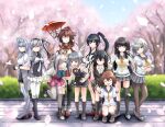  6+girls absurdres ahoge aqua_bow aqua_bowtie armband asashimo_(kancolle) asymmetrical_legwear black_gloves black_hair black_headband black_pantyhose black_skirt black_socks black_thighhighs blue_eyes blue_headband blue_sky bodysuit bow bowtie breasts brown_eyes brown_hair cherry_blossoms closed_eyes clothes_writing collar day dress flower fuyutsuki_(kancolle) garter_straps gloves grey_eyes grey_hair grey_neckerchief grey_pantyhose grey_shawl grey_skirt grey_thighhighs hachimaki hair_flower hair_ornament hair_over_one_eye hair_ribbon hairclip half_gloves hamakaze_(kancolle) hatsushimo_(kancolle) hatsushimo_kai_ni_(kancolle) headband headgear highres holding holding_umbrella isokaze_(kancolle) kantai_collection kuroneko86 long_hair long_sleeves low-tied_long_hair medium_breasts metal_collar microskirt miniskirt multiple_girls neckerchief oil-paper_umbrella one_eye_closed one_side_up outdoors pantyhose pleated_skirt ponytail purple_dress red_eyes red_scrunchie red_skirt red_umbrella ribbon sailor_dress sakuramon school_uniform scrunchie serafuku sharp_teeth shawl shirt short_hair short_sleeves sidelocks single_thighhigh skirt sky small_breasts smile socks speaking_tube_headset suzutsuki_(kancolle) teeth thighhighs tress_ribbon umbrella uneven_legwear white_bodysuit white_gloves white_headband white_neckerchief white_shirt white_skirt yahagi_(kancolle) yamato_(kancolle) yellow_neckerchief yukikaze_(kancolle) z_flag 