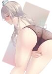  1girl ass bare_shoulders bent_over between_legs black_panties blush breasts brown_eyes cameltoe from_behind grey_hair hand_between_legs hat highres kantai_collection large_breasts long_hair looking_at_viewer mini_hat open_mouth panties pola_(kancolle) sakieko solo suggestive_fluid topless underwear underwear_only wavy_hair 