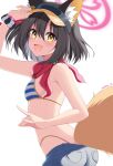  1girl animal_ear_fluff animal_ears arm_up armpits ass bikini bikini_under_clothes black_hair blue_archive breasts brown_eyes denim denim_shorts fox_ears fox_girl fox_tail halo hand_on_headwear highleg highleg_bikini highres izuna_(blue_archive) open_mouth reia_76 short_hair short_shorts shorts sideboob small_breasts smile solo striped striped_bikini swimsuit tail upper_body visor_cap 