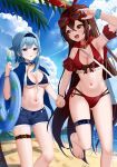  2girls absurdres amber_(genshin_impact) arm_up armpits ass_visible_through_thighs bangs bare_shoulders beach bikini black_hairband blue_bikini blue_hair blue_shirt blue_shorts blue_sky blush breasts brown_eyes brown_hair chinese_clothes cleavage cloud commentary day detached_sleeves eula_(genshin_impact) eyewear_on_head feet_out_of_frame footprints genshin_impact groin hair_between_eyes hairband hand_up highres holding_hands innertube long_hair looking_at_another medium_breasts multiple_girls nail_polish navel ocean open_clothes open_shirt outdoors parted_lips red_bikini red_hairband shirt short_shorts short_sleeves shorts sky skym_(kumei) standing standing_on_one_leg stomach sunglasses swimsuit thigh_strap thighs toenail_polish toenails very_long_hair yellow_eyes yuri 
