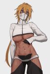  1girl abs bangs black_gloves bleach blonde_hair blue_eyes breast_tattoo breasts cowboy_shot crossed_bangs dark-skinned_female dark_skin gloves grey_background hair_between_eyes hong_doo large_breasts long_hair long_sleeves looking_at_viewer navel no_bra raised_eyebrow revealing_clothes shrug_(clothing) sleeves_past_wrists solo tattoo thighs tier_harribel underboob very_long_hair 