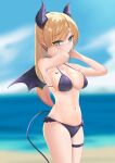  1girl absurdres bare_shoulders beach bikini blonde_hair blue_eyes blurry blurry_background breasts bright_pupils cleavage closed_mouth cowboy_shot demon_girl from_side hands_on_own_neck highres hololive horns large_breasts long_hair looking_at_viewer navel ocean pointy_ears rifufu swimsuit tail tattoo thigh_strap tsurime virtual_youtuber wings yuzuki_choco 