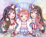  3girls :d ;d animal_hands azuna_(love_live!) black_eyes black_hair blue_dress blue_eyes blue_headwear blush bow braid braided_bun brown_gloves brown_hair commentary confetti dress gloves green_eyes grey_bow hair_bun hair_ornament hairclip hands_up hat infinity!_our_wings!! long_hair looking_at_viewer love_live! love_live!_nijigasaki_high_school_idol_club mini_hat mn_0207 multicolored_background multiple_girls neck_ruff one_eye_closed one_side_up ousaka_shizuku party_hat paw_gloves pink_bow pink_hair puffy_short_sleeves puffy_sleeves red_dress red_gloves red_headwear short_sleeves single_side_bun smile striped striped_bow striped_dress striped_headwear teeth uehara_ayumu upper_teeth vertical-striped_dress vertical_stripes waist_bow white_gloves yellow_dress yellow_headwear yuuki_setsuna_(love_live!) 