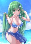 1girl absurdres alternate_costume bikini blue_bikini blue_sky blush bracelet breasts cleavage cloud commentary_request day dutch_angle frog_hair_ornament green_eyes green_hair hair_ornament hair_tubes halterneck hands_in_hair highres jewelry kochiya_sanae large_breasts leaning_forward long_hair looking_at_viewer navel ramie_(ramie541) revision side-tie_bikini sky smile snake_hair_ornament solo star_(symbol) star_print string_bikini swimsuit thighs touhou very_long_hair 