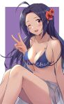  1girl ;d absurdres ahoge bikini blue_bikini blue_hair breasts flower hair_flower hair_ornament highres idolmaster large_breasts long_hair looking_at_viewer miura_azusa one_eye_closed pink_eyes purple_background shuucream_(syuichi) sitting smile solo swimsuit thighs two-tone_background v white_background 