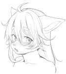  anthro bare_shoulders blush canid canine digital_media_(artwork) eyebrow_through_hair eyebrows eyewear female fur glasses greyscale hair hawthorn hi_res kemono long_hair looking_at_viewer mammal monochrome open_mouth simple_background solo translucent translucent_hair white_background 