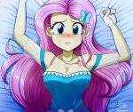  bed big_breasts blush breasts cleavage clothed clothing equestria_girls female fluttershy_(eg) fluttershy_(mlp) friendship_is_magic furniture hair hasbro long_hair looking_at_viewer mammal my_little_pony pink_hair solo submissive submissive_female the-butcher-x yellow_body 