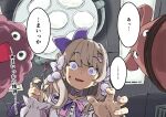  1girl blonde_hair blood blood_on_face from_below hair_ornament hair_ribbon hairclip indie_virtual_youtuber lights long_hair looking_at_viewer open_mouth pom_pom_(clothes) purple_eyes ribbon scissors smile surgery translated upper_body vanilla_(nekomist) watagashi_unou wide-eyed 