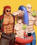  3boys abs artist_logo artist_name bara biting blonde_hair boxer_briefs brown_hair buzz_cut character_request cigarette coconut collared_shirt dark-skinned_male dark_skin eating feet_out_of_frame grappler_baki hand_in_pocket hanma_baki hanma_yuujirou highres large_pectorals lifebuoy looking_at_viewer looking_to_the_side male_focus male_underwear manly mature_male multiple_boys muscular muscular_male nipples open_clothes open_shirt pants pectorals red_eyes red_hair scar scar_on_arm scar_on_chest scar_on_stomach scared shirt short_hair simple_background smoking spiked_hair stvd sunglasses thick_eyebrows topless_male twitter_username umbrella underwear very_short_hair yellow_background 